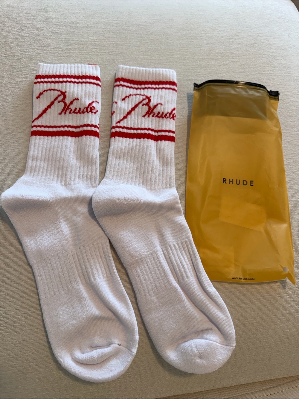 Rhude White Crew Socks with Red Script and Stripes